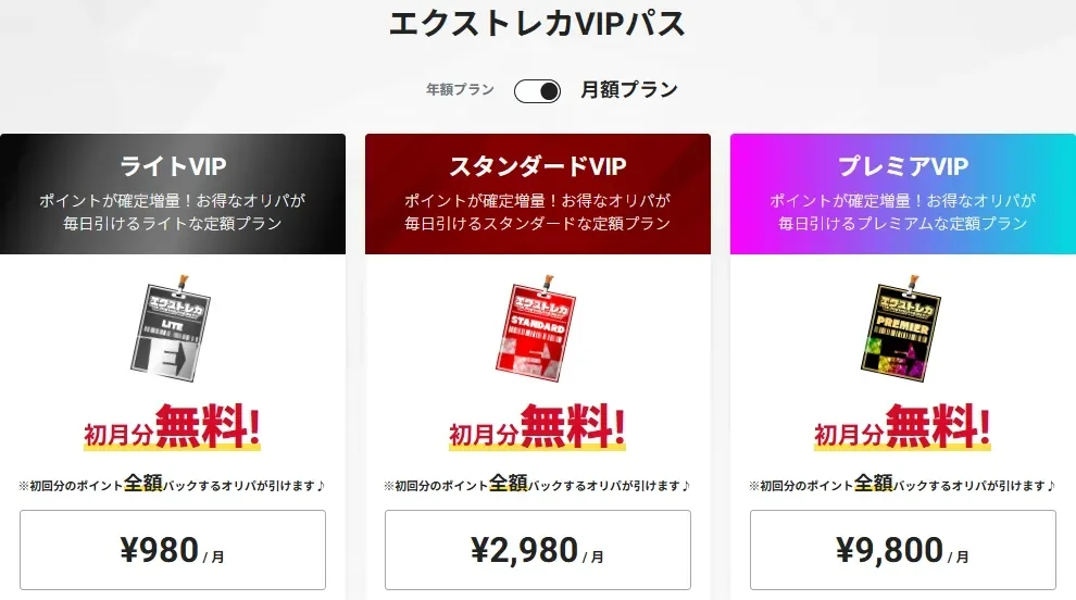 エクストレカ VIPパスの3プラン(ライト980円/スタンダード2,980円/プレミア9,800円)